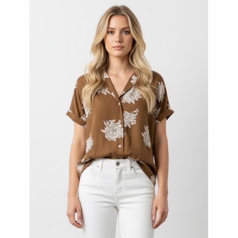 T Tahari Womens Brown White Floral Short Sleeve Button Down Blouse Top